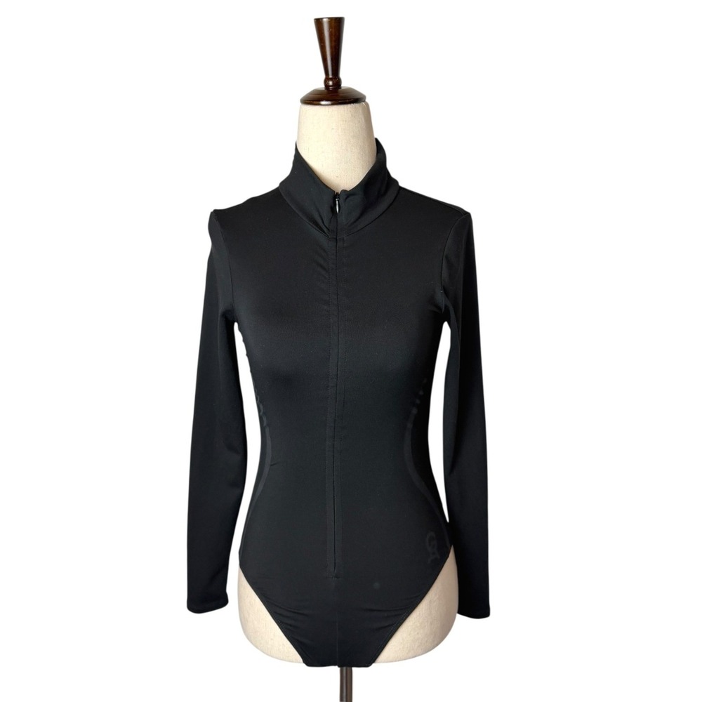 Good American Black Long-Sleeve Zip-Front Mock Neck Bodysuit